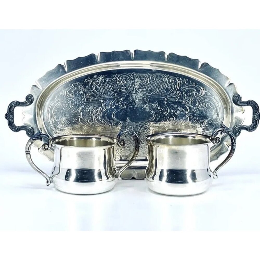 Antq SMP Silver Plated  Copper Tea Tray Sugar Creamer Bowl Vtg Serving Set USA
